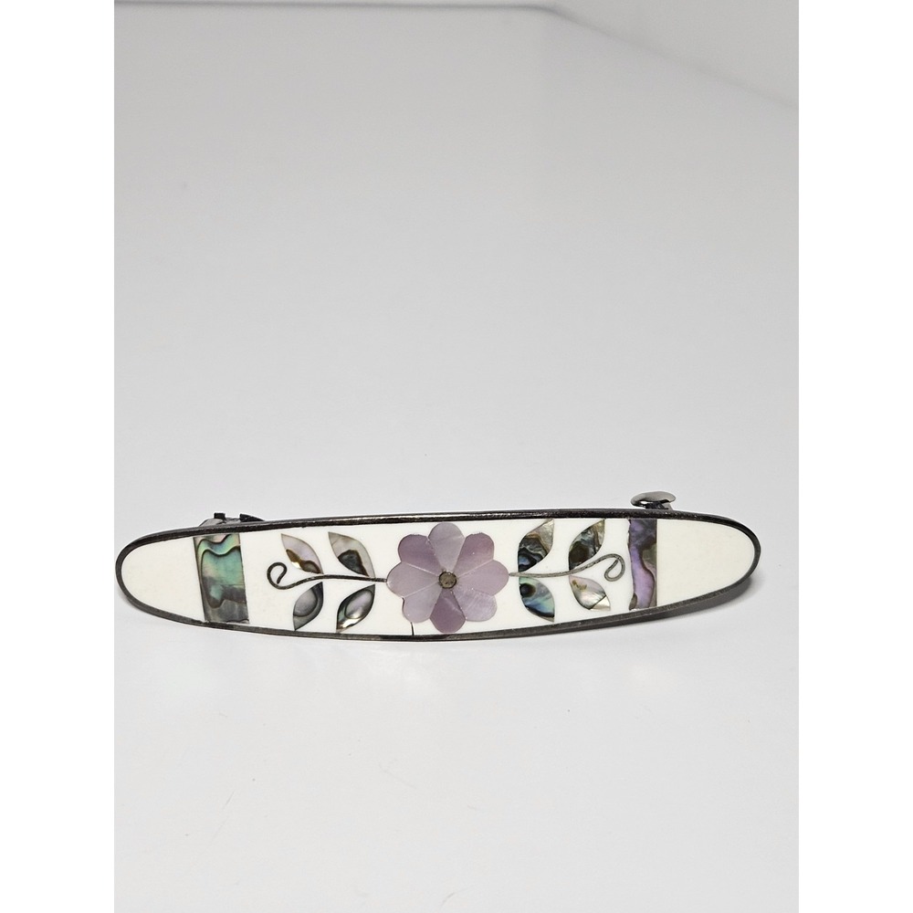 Vintage Alpaca Mexico Abalone Mother of Pearl Inlay Flower Hair Barrette Clip